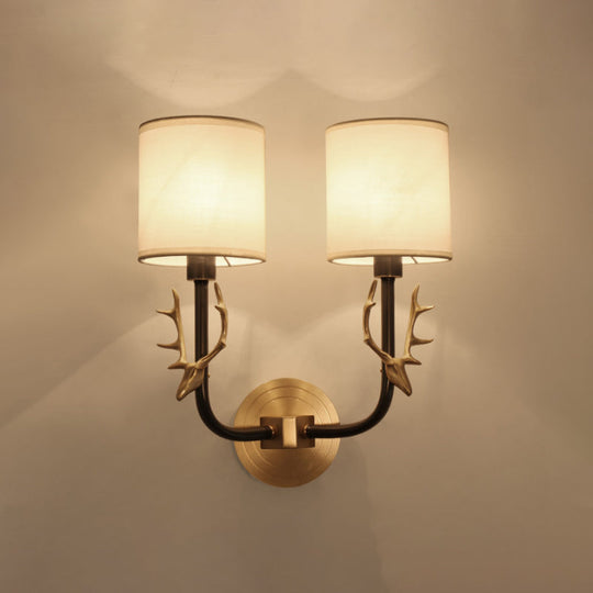 Modern 1/2 Lights Wall Sconce with Fabric Shade - Black/Gold Cylinder Wall Mount Fixture featuring Metal Antler