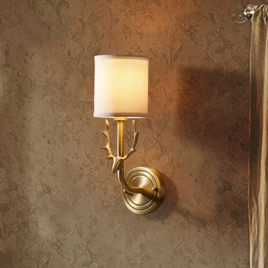 Modern 1/2 Lights Wall Sconce with Fabric Shade - Black/Gold Cylinder Wall Mount Fixture featuring Metal Antler