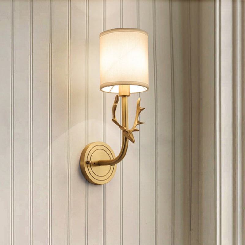 Modern 1/2 Lights Wall Sconce with Fabric Shade - Black/Gold Cylinder Wall Mount Fixture featuring Metal Antler