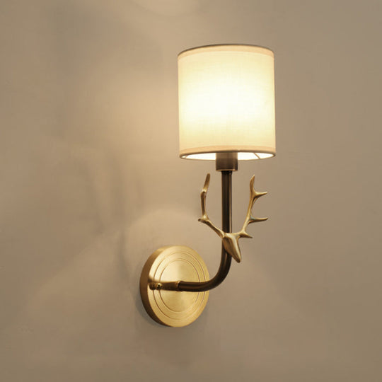 Modern 1/2 Lights Wall Sconce with Fabric Shade - Black/Gold Cylinder Wall Mount Fixture featuring Metal Antler