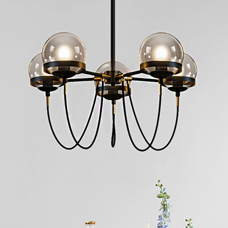 Modernist Multi-Light Pendant Chandelier: Global Clear Glass, Black/Gold, Inner Smoke Glass Ball Shade