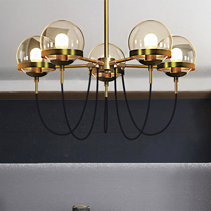 Modernist Multi-Light Pendant Chandelier: Global Clear Glass, Black/Gold, Inner Smoke Glass Ball Shade