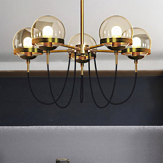 Modernist Multi-Light Pendant Chandelier: Global Clear Glass, Black/Gold, Inner Smoke Glass Ball Shade