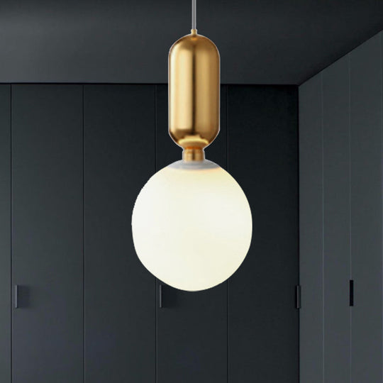 Modern Black/Gold/White Ball Pendant Light with Milky Glass Led - 1 Light, 6"/8"/12" Wide Ceiling Fixture