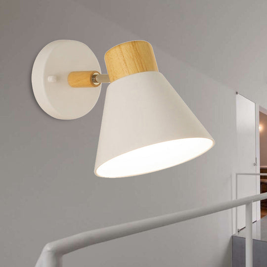 Nordic Stylish Cone Shade Wall Mount Light with Rotatable Bedside Sconce - Metal and Wood, 1 Bulb, Black/White