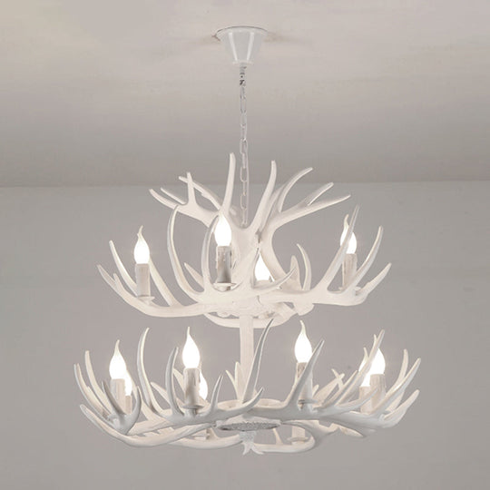 Rustic Resin Candle Chandelier – Country-Style Pendant with Antler Accents