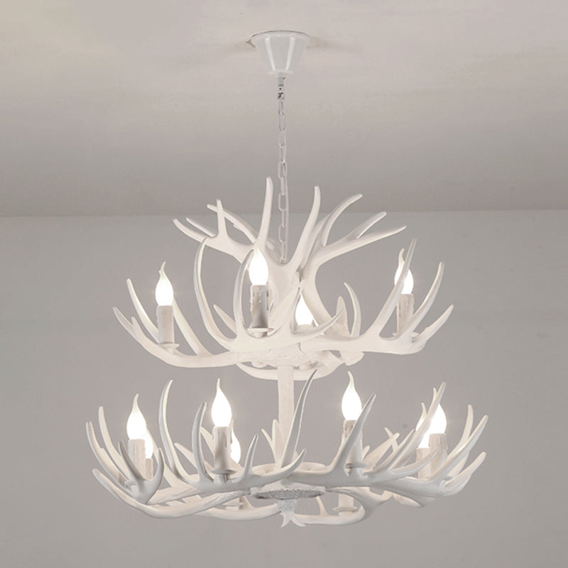 Rustic Resin Candle Chandelier – Country-Style Pendant with Antler Accents