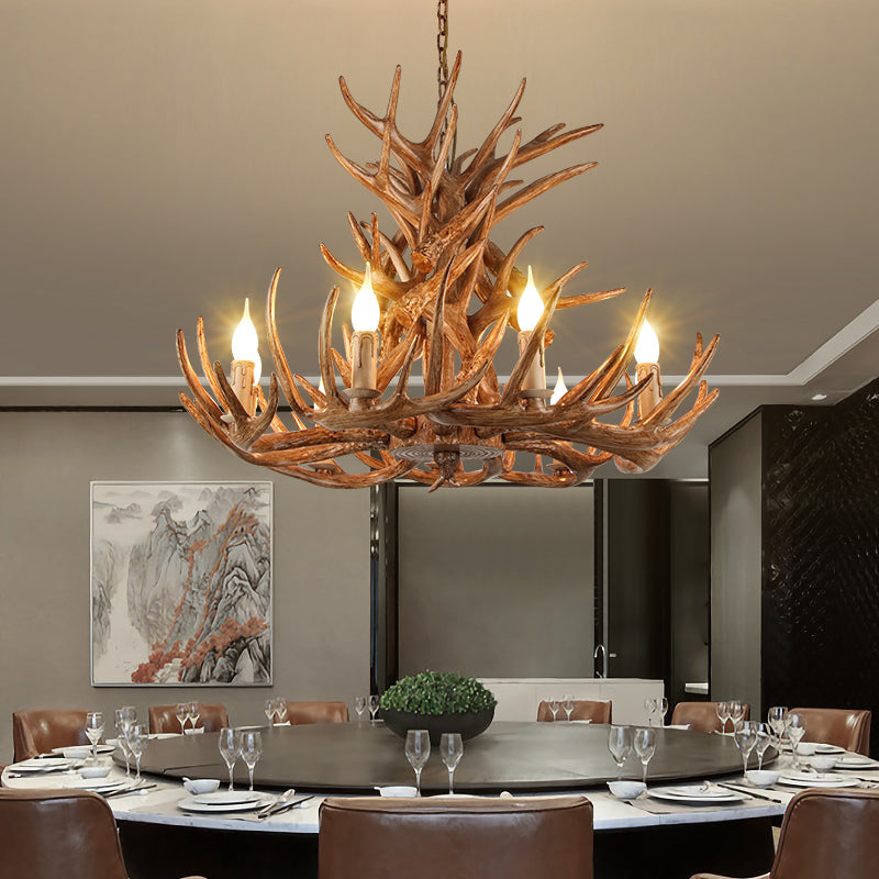 Rustic Resin Candle Chandelier – Country-Style Pendant with Antler Accents