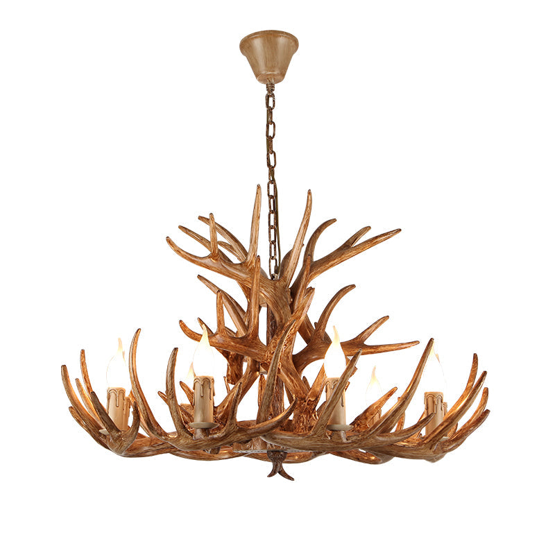 Rustic Resin Candle Chandelier – Country-Style Pendant with Antler Accents