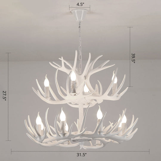 Rustic Resin Candle Chandelier – Country-Style Pendant with Antler Accents