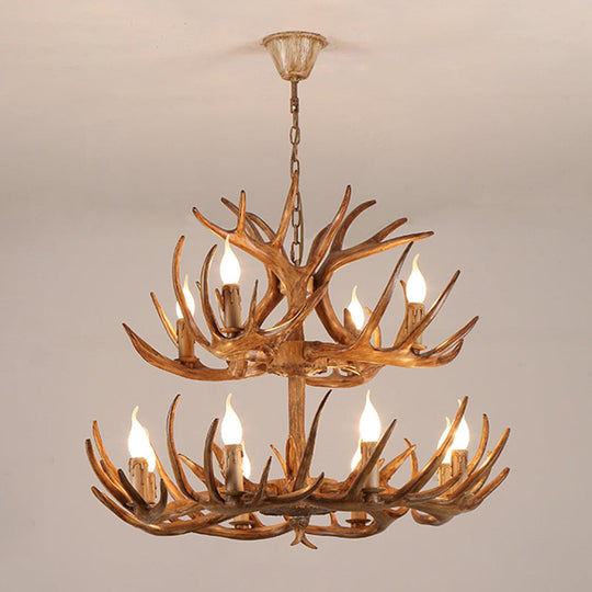 Rustic Resin Candle Chandelier – Country-Style Pendant with Antler Accents