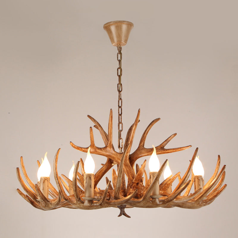 Rustic Resin Candle Chandelier – Country-Style Pendant with Antler Accents