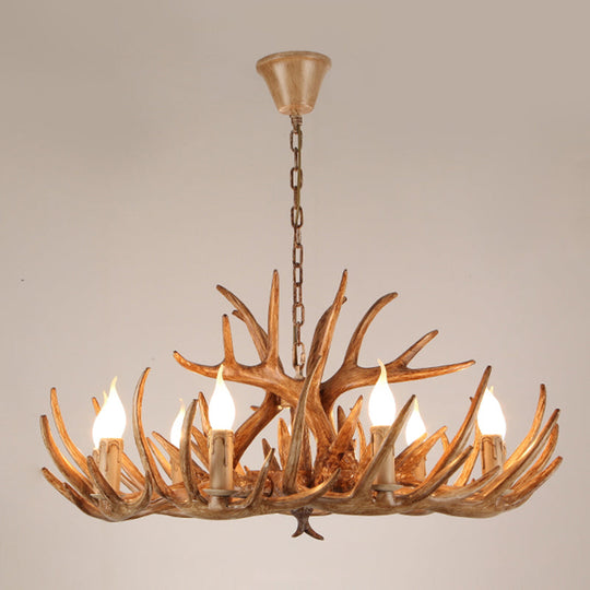 Rustic Resin Candle Chandelier – Country-Style Pendant with Antler Accents