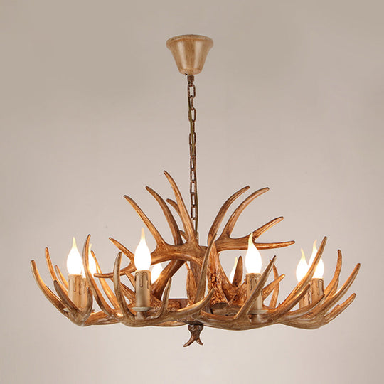 Rustic Resin Candle Chandelier – Country-Style Pendant with Antler Accents