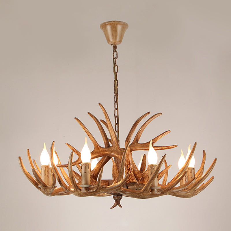 Rustic Resin Candle Chandelier – Country-Style Pendant with Antler Accents