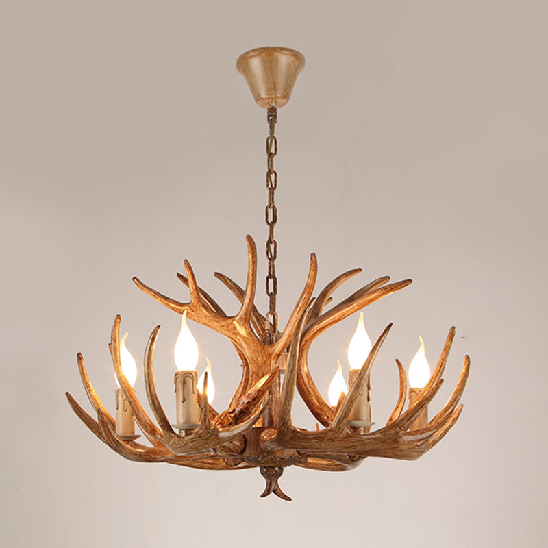 Rustic Resin Candle Chandelier – Country-Style Pendant with Antler Accents