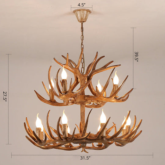 Rustic Resin Candle Chandelier – Country-Style Pendant with Antler Accents