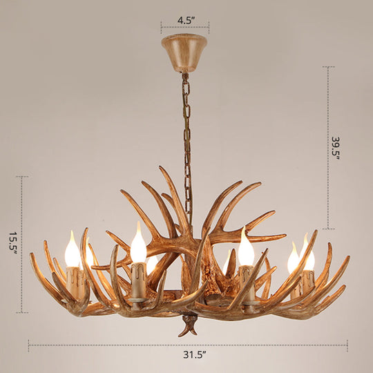 Rustic Resin Candle Chandelier – Country-Style Pendant with Antler Accents