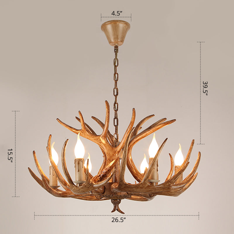 Rustic Resin Candle Chandelier – Country-Style Pendant with Antler Accents