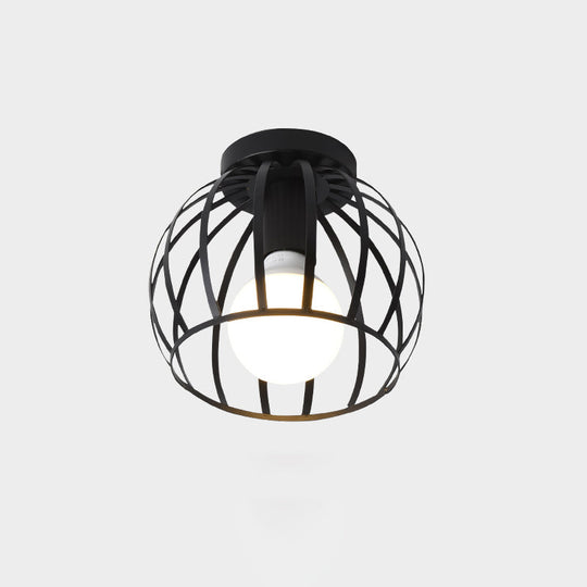 Industrial Metal Flush Ceiling Light Fixture - Cage Style, Small Aisle, 1 Head Black Flushmount Lighting