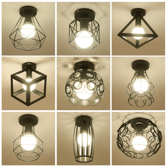 Industrial Metal Flush Ceiling Light Fixture - Cage Style, Small Aisle, 1 Head Black Flushmount Lighting