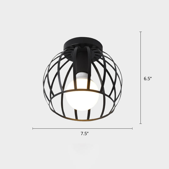 Industrial Metal Flush Ceiling Light Fixture - Cage Style, Small Aisle, 1 Head Black Flushmount Lighting