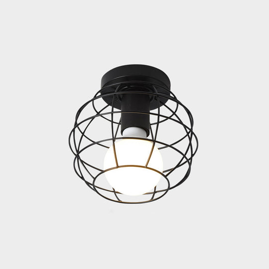 Industrial Metal Flush Ceiling Light Fixture - Cage Style, Small Aisle, 1 Head Black Flushmount Lighting