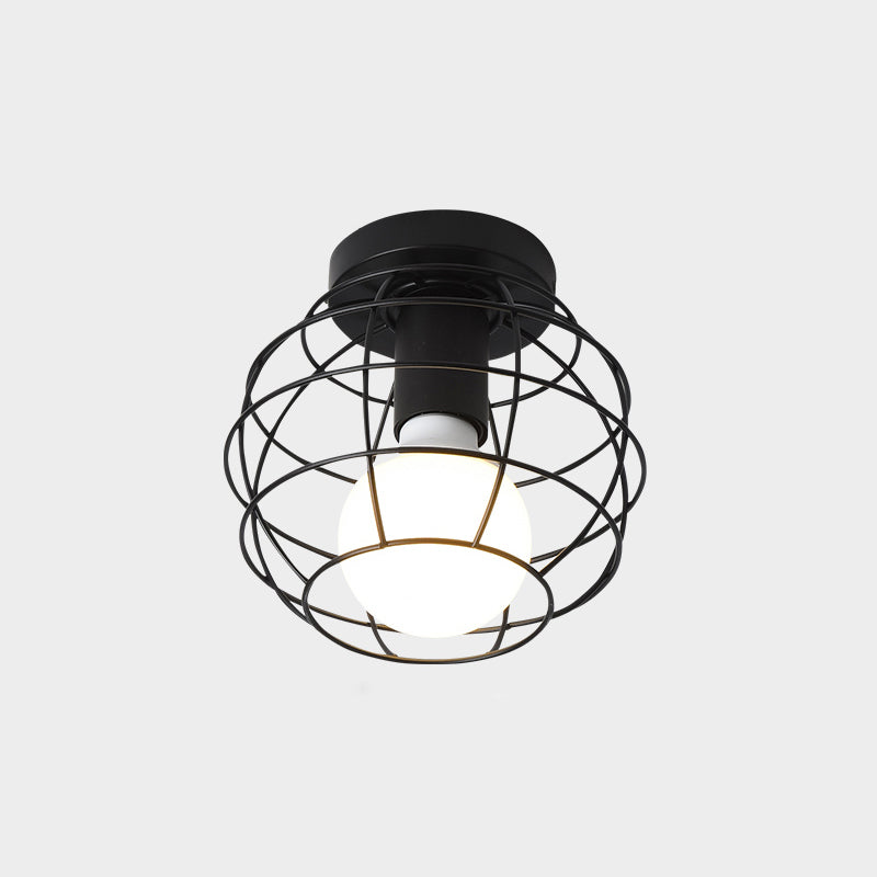 Industrial Metal Flush Ceiling Light Fixture - Cage Style, Small Aisle, 1 Head Black Flushmount Lighting