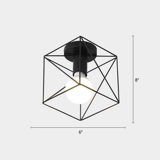 Industrial Metal Flush Ceiling Light Fixture - Cage Style, Small Aisle, 1 Head Black Flushmount Lighting