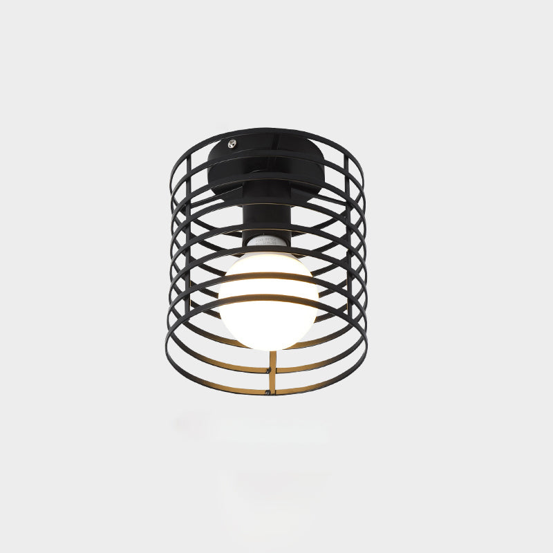 Industrial Metal Flush Ceiling Light Fixture - Cage Style, Small Aisle, 1 Head Black Flushmount Lighting