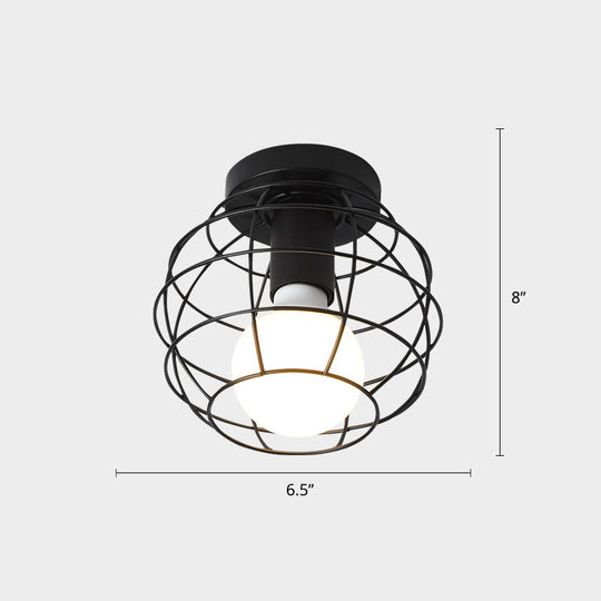 Industrial Metal Flush Ceiling Light Fixture - Cage Style, Small Aisle, 1 Head Black Flushmount Lighting