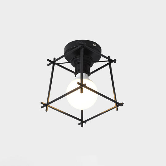 Industrial Metal Flush Ceiling Light Fixture - Cage Style, Small Aisle, 1 Head Black Flushmount Lighting