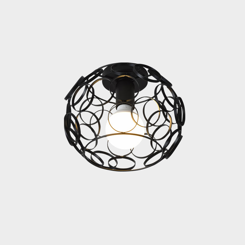 Industrial Metal Flush Ceiling Light Fixture - Cage Style, Small Aisle, 1 Head Black Flushmount Lighting
