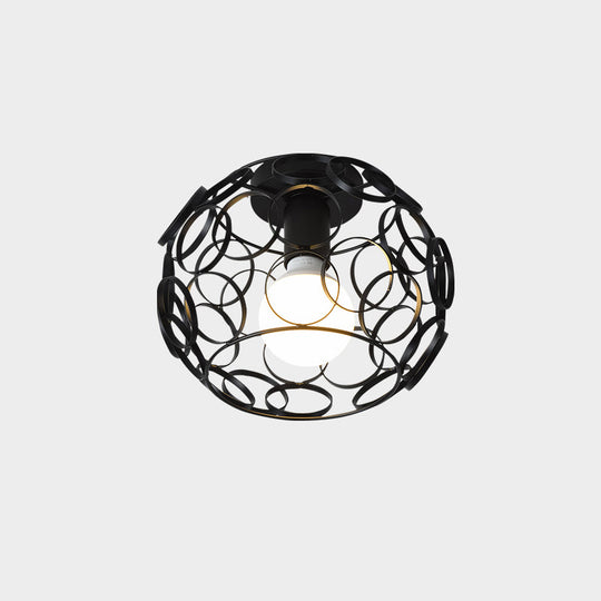 Industrial Metal Flush Ceiling Light Fixture - Cage Style, Small Aisle, 1 Head Black Flushmount Lighting