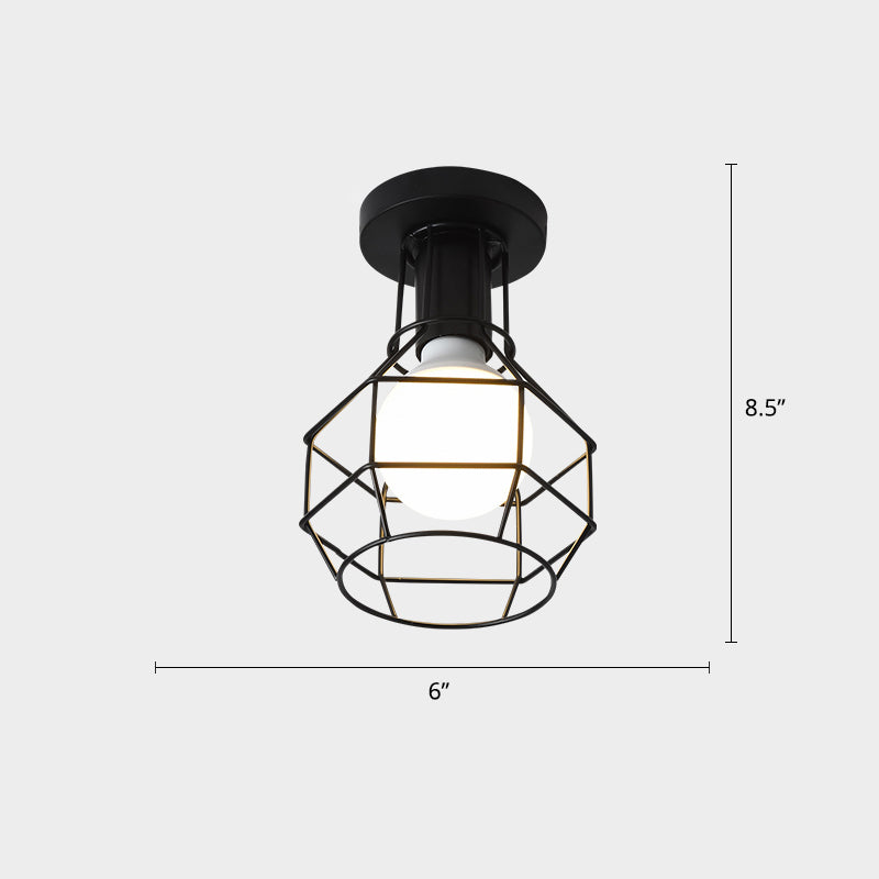 Industrial Metal Flush Ceiling Light Fixture - Cage Style, Small Aisle, 1 Head Black Flushmount Lighting