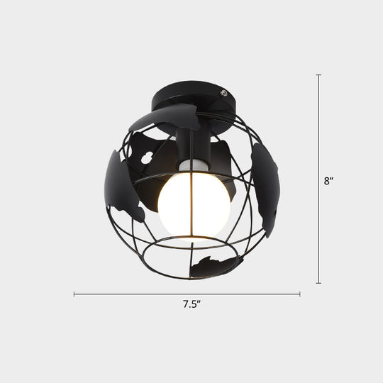 Industrial Metal Flush Ceiling Light Fixture - Cage Style, Small Aisle, 1 Head Black Flushmount Lighting