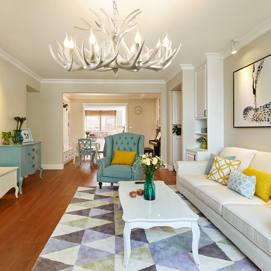 Artificial Antler Rustic Chandelier – Resin & Wood Pendant with Exposed Bulbs