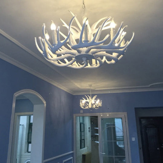 Artificial Antler Rustic Chandelier – Resin & Wood Pendant with Exposed Bulbs