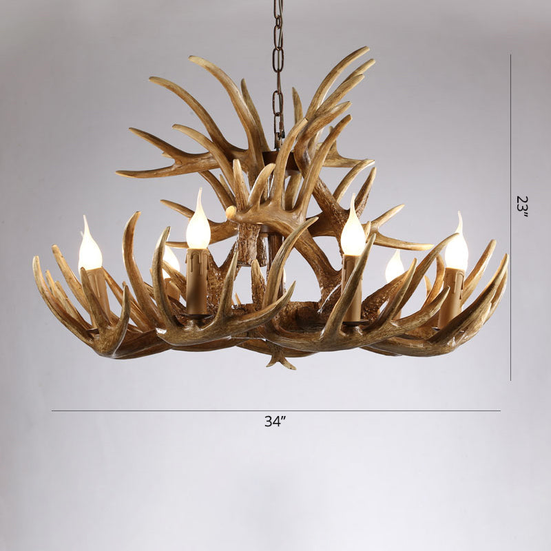 Artificial Antler Rustic Chandelier – Resin & Wood Pendant with Exposed Bulbs