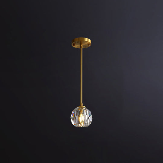 Clear Cut Crystal Gold Pendant Lamp with Simple Ball Design - 1 Bulb Bedside Light