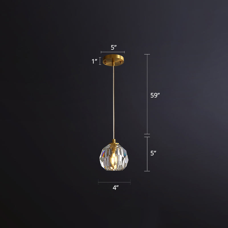 Clear Cut Crystal Gold Pendant Lamp with Simple Ball Design - 1 Bulb Bedside Light