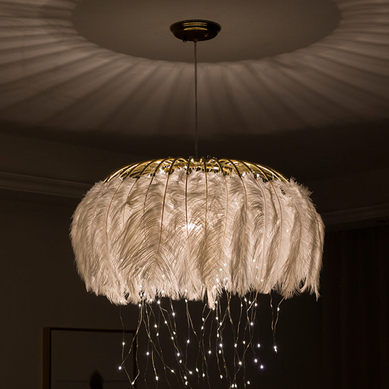 Nordic Feather Round Chandelier - LED Pendant Light for Bedroom with Firefly String