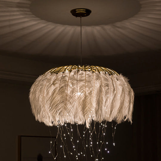 Nordic Feather Round Chandelier - LED Pendant Light for Bedroom with Firefly String