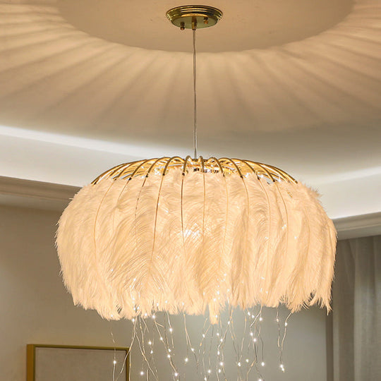 Nordic Feather Round Chandelier - LED Pendant Light for Bedroom with Firefly String