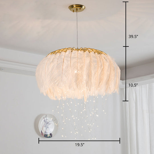 Nordic Feather Round Chandelier - LED Pendant Light for Bedroom with Firefly String