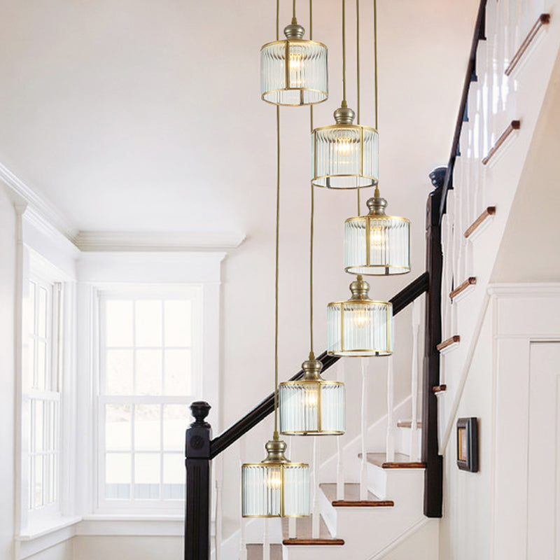 Postmodern Ribbed Glass Pendant Light Fixture with Multiple Lamps - Brass Finish for Stairway