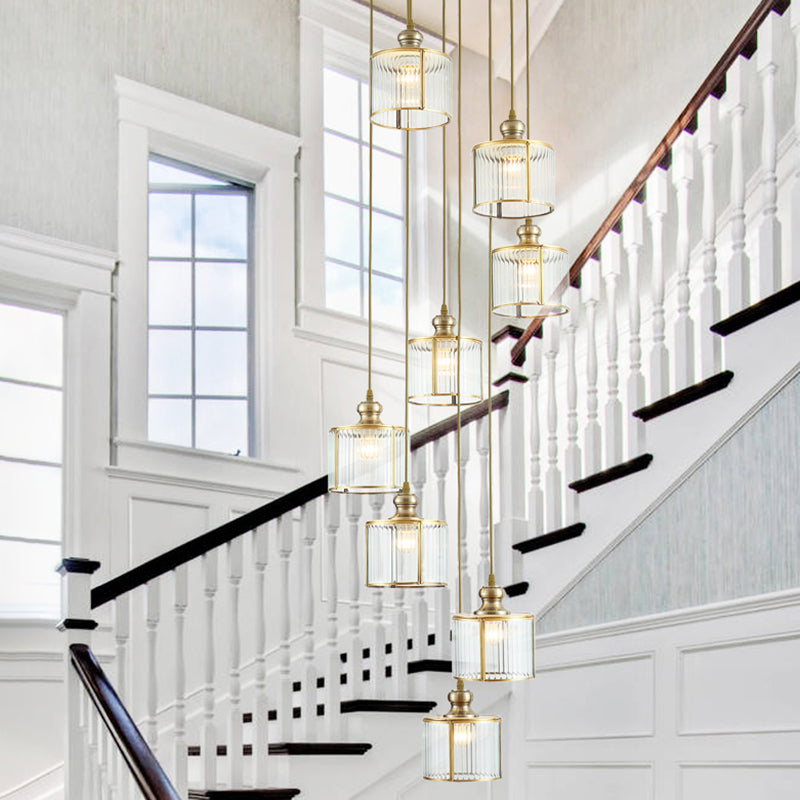 Postmodern Ribbed Glass Pendant Light Fixture with Multiple Lamps - Brass Finish for Stairway