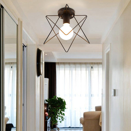 Iron Caged Flush Mount Ceiling Lamp - Industrial Style with 1-Bulb - Black