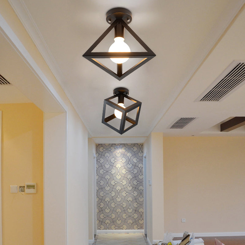 Iron Caged Flush Mount Ceiling Lamp - Industrial Style with 1-Bulb - Black