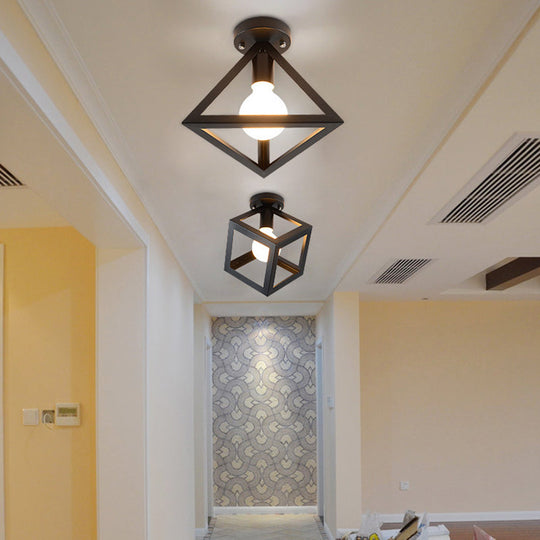Iron Caged Flush Mount Ceiling Lamp - Industrial Style with 1-Bulb - Black